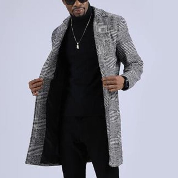 Mens Winter Trench Coat Notched Collar Single Breasted Plaid Mid Long Dark Grey - Picture 9 of 10